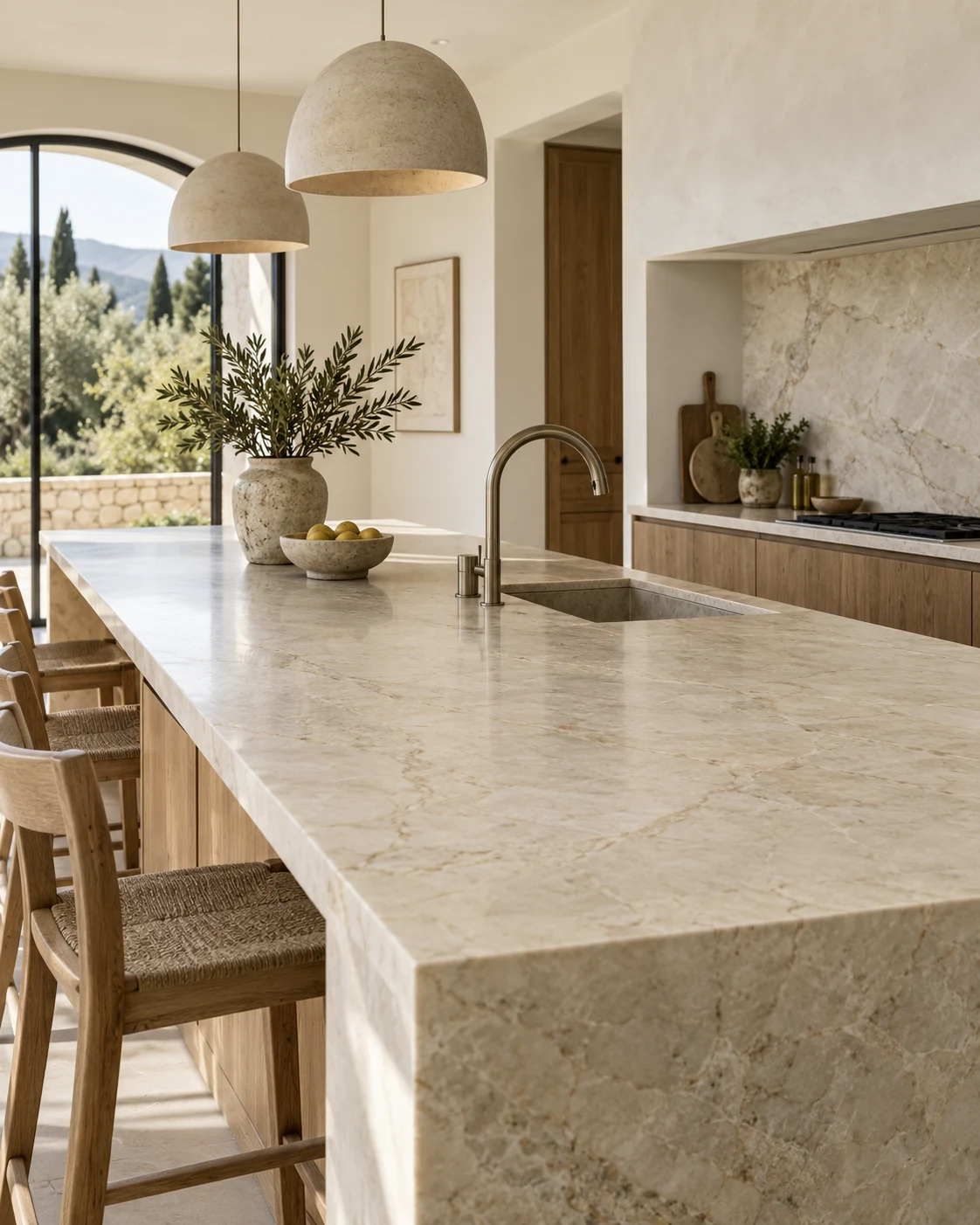 Ambiente conceptual de cocina con encimera de piedra clara